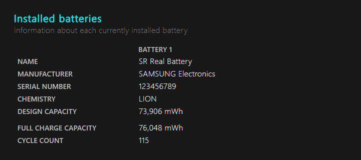 battery-report.html의 Installed batteries 표 — 설계 용량 73,906mWh, 완충 용량 76,048mWh, 사이클 115회