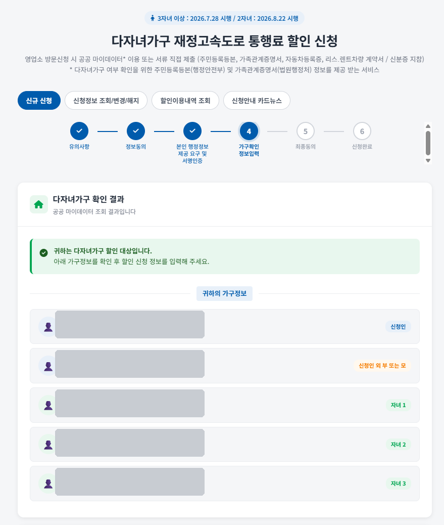 다자녀가구 확인 결과 화면 — 신청인, 배우자, 자녀 3명이 자동 조회됨 (개인정보는 가림)
