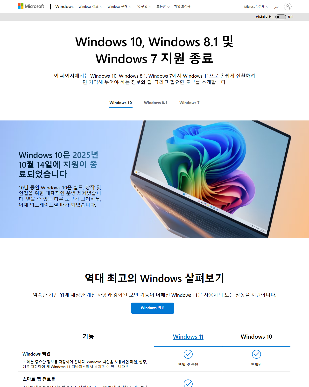마이크로소프트 공식 윈도우 지원 종료 안내 페이지. 윈도우10은 2025년 10월 14일에 지원이 종료되었다고 안내한다.