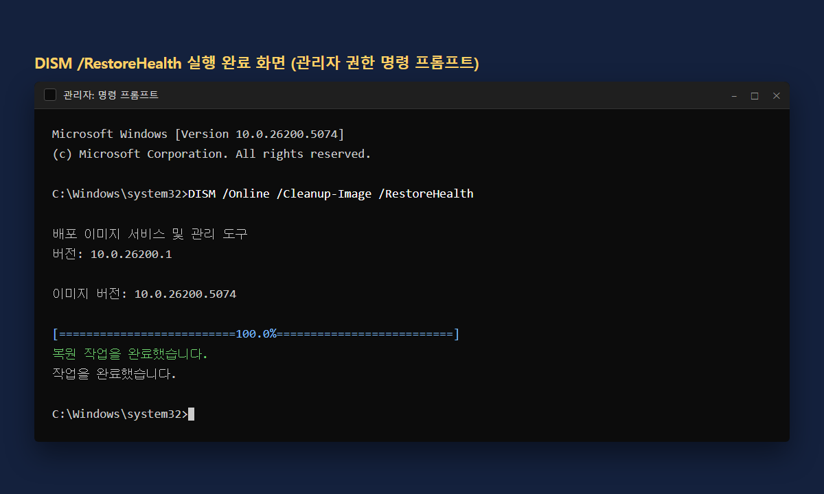 DISM /Online /Cleanup-Image /RestoreHealth 실행 후 복원 작업을 완료했습니다 메시지가 표시된 관리자 명령 프롬프트 화면